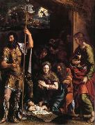 La nativite de l'enfant jesus avec l'adoration des bergers entre Saint Jean l'Evangeliste et Saint Longin Giulio Romano
